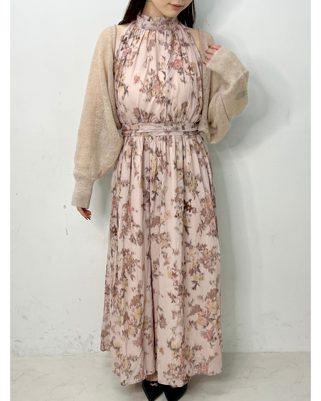 ニットボレロ付き 花柄ロングワンピース　