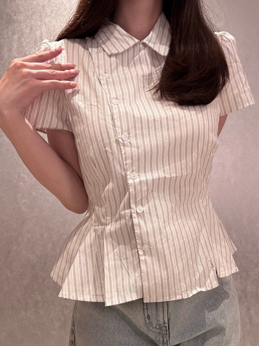 ストライプペプラムシャツブラウス