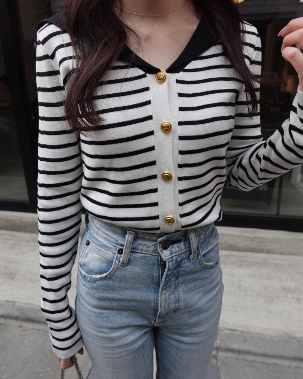 [produced by rei] セーラーボーダーフレンチトップス