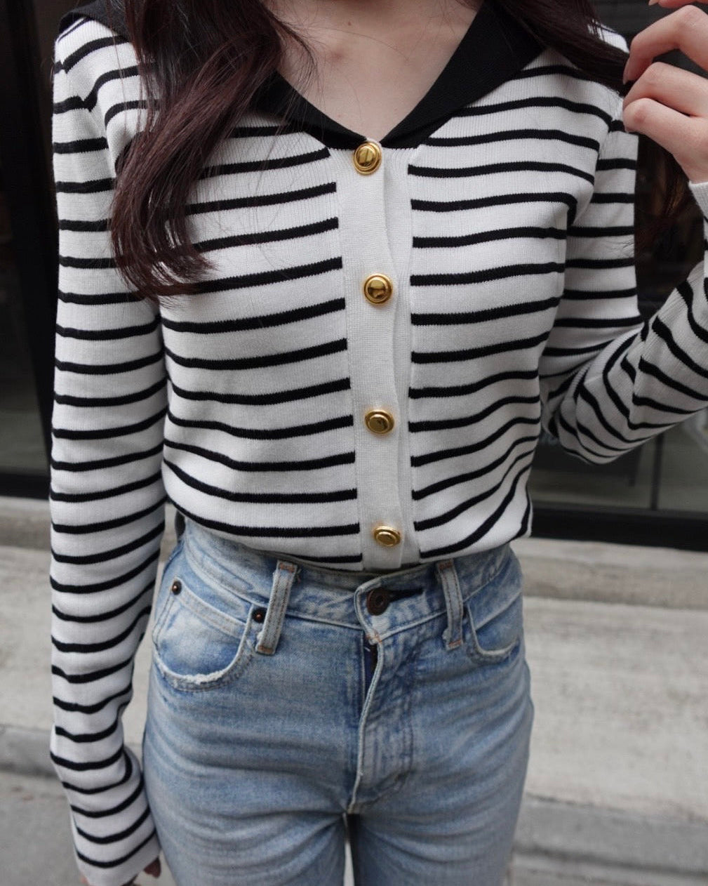 [produced by rei] セーラーボーダーフレンチトップス